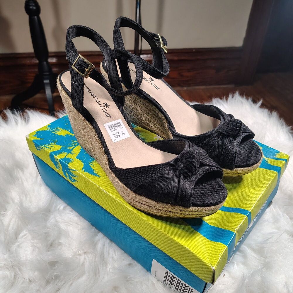 Black Open Toe Canvas Wedge Montego Bay Club Sandals Size 8.5